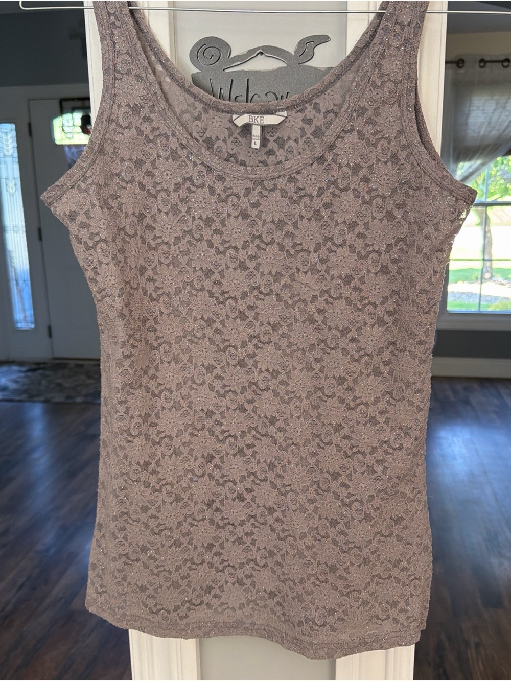 BKE Lace Overlay Tank Top in Mauve-Taupe